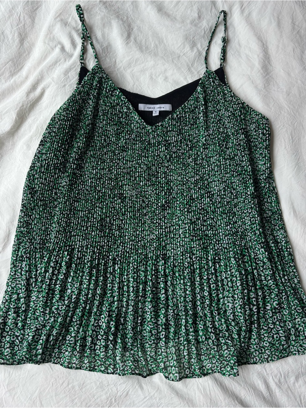 Pleated Cami Top S Green Black Abstract Print